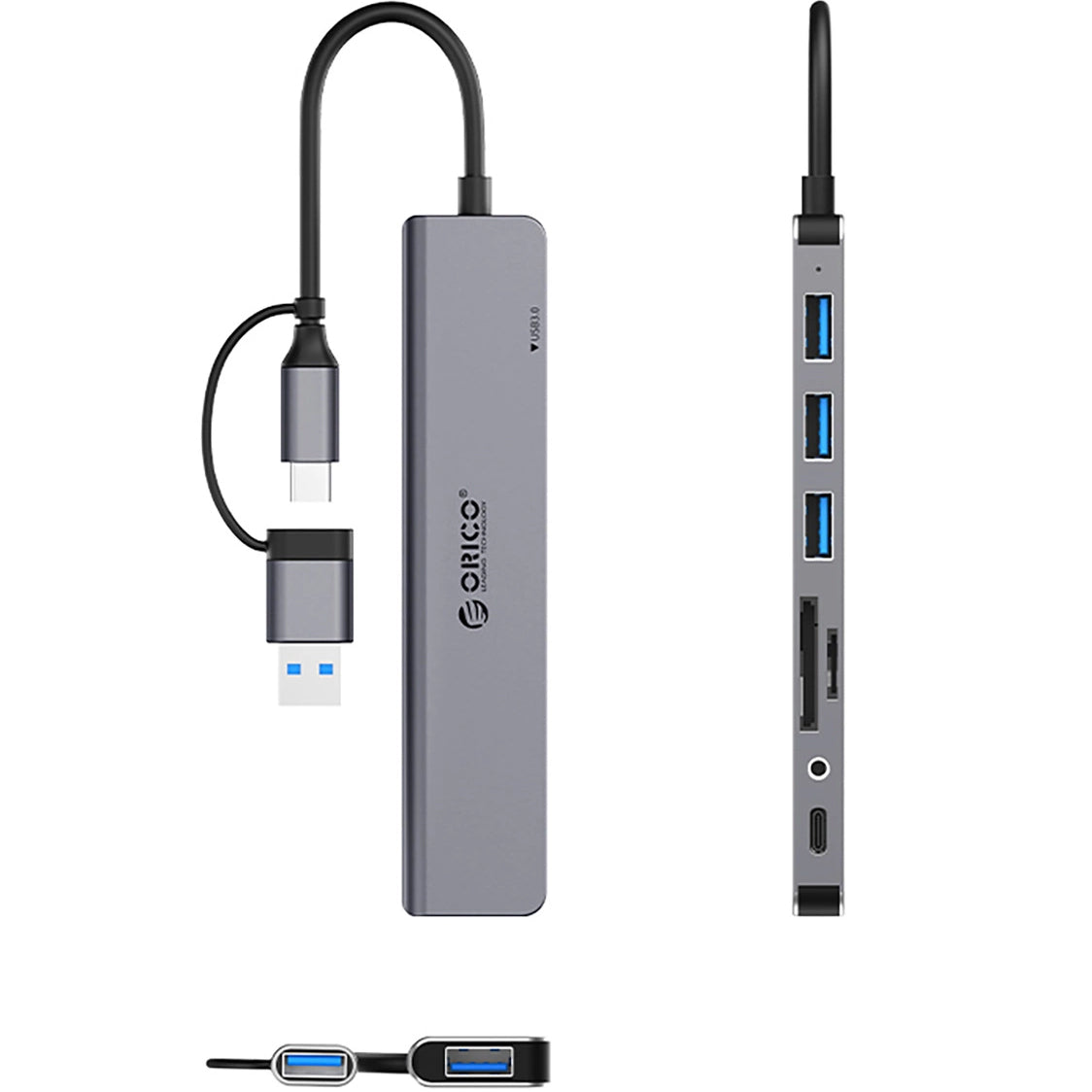 Hub USB / USB-C Orico YSA8-U3, 1 x USB-A 3.0 - 3 x USB-A - 1 x USB-C - 1 x Jack 3.5mm - 1 x SD - 1 x microSD, Preto