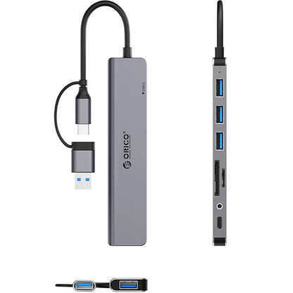 Hub USB / USB-C Orico YSA8-U3, 1 x USB-A 3.0 - 3 x USB-A - 1 x USB-C - 1 x Jack 3.5mm - 1 x SD - 1 x microSD, Preto