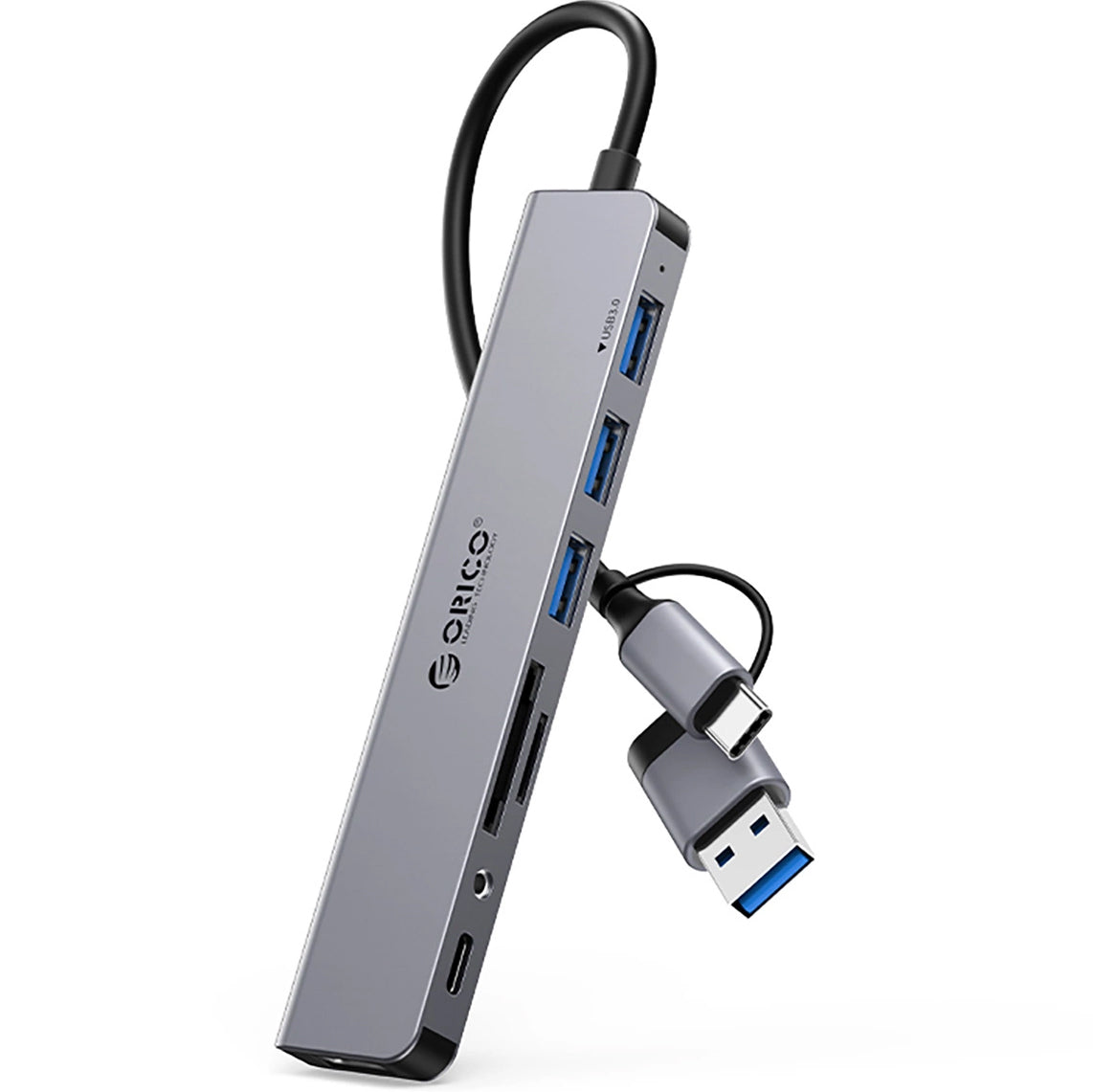 Hub USB / USB-C Orico YSA8-U3, 1 x USB-A 3.0 - 3 x USB-A - 1 x USB-C - 1 x Jack 3.5mm - 1 x SD - 1 x microSD, Preto