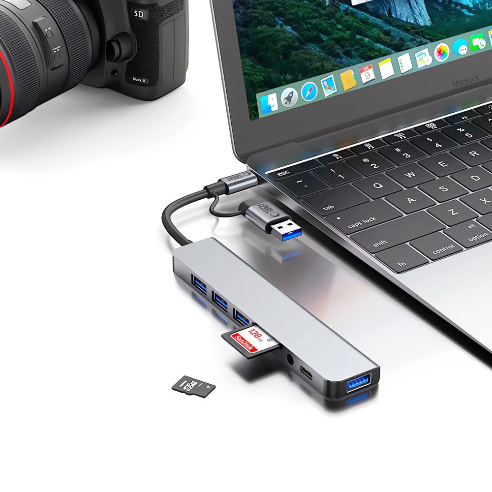 USB / USB-C Hub Tech-Protect HB06, 2 x USB-A 3.0 - 2 x USB-A - 1 x USB-C - 1 x 3.5mm Jack - 1 x SD - 1 x microSD, Gray