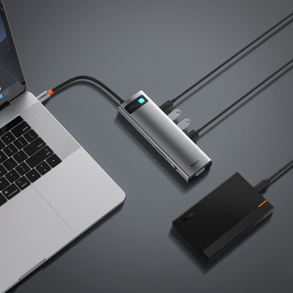 Hub USB-C Baseus Metal Gleam, 3 x USB-A 3.0 - 1 x USB-C - 2 x HDMI - 1 x VGA - 1 x Jack 3.5mm - 1 x RJ45 - 1 x SD - 1 x microSD, Cinzento CAHUB-CT0G
