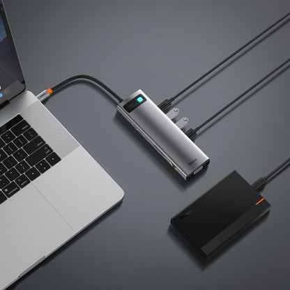 Hub USB-C Baseus Metal Gleam, 3 x USB-A 3.0 - 1 x USB-C - 2 x HDMI - 1 x VGA - 1 x Jack 3.5mm - 1 x RJ45 - 1 x SD - 1 x microSD, Cinzento CAHUB-CT0G