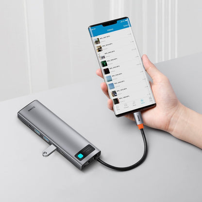 Hub USB-C Baseus Metal Gleam, 3 x USB-A 3.0 - 1 x USB-C - 2 x HDMI - 1 x VGA - 1 x Jack 3.5mm - 1 x RJ45 - 1 x SD - 1 x microSD, Cinzento CAHUB-CT0G