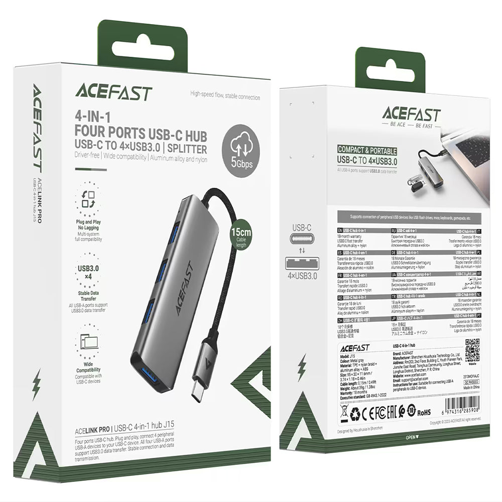 Hub USB-C Acefast J15, 4 em 1, Cinzento