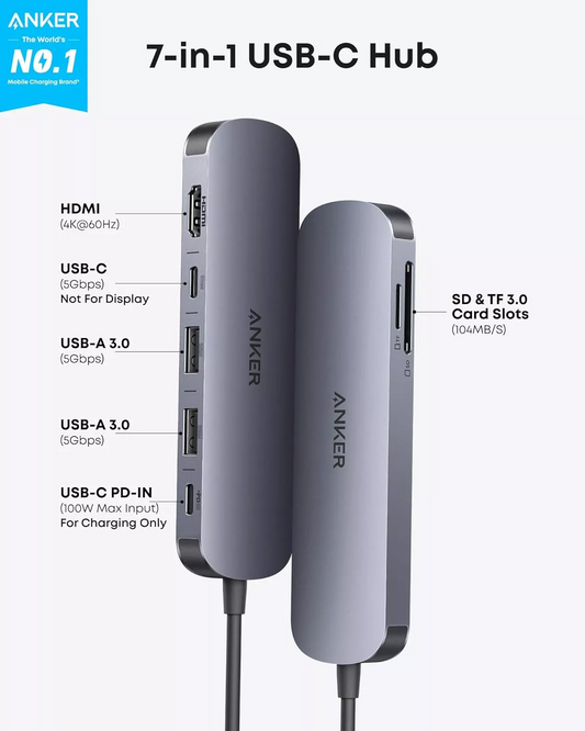 Hub USB-C Anker, 2 x USB-A 3.0 - 2 x USB-C - 1 x HDMI - 1 x SD - 1 x microSD, Cinzento A83D2HA1