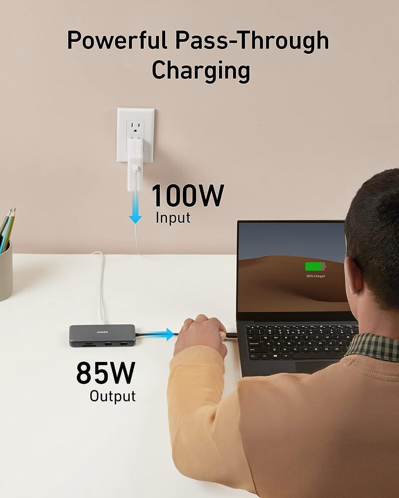 Hub USB-C Anker 555, 2 x USB-A 3.2 - 2 x USB-C - 1 x HDMI - 1 x RJ45 - 1 x SD - 1 x microSD, Cinzento A83830A2