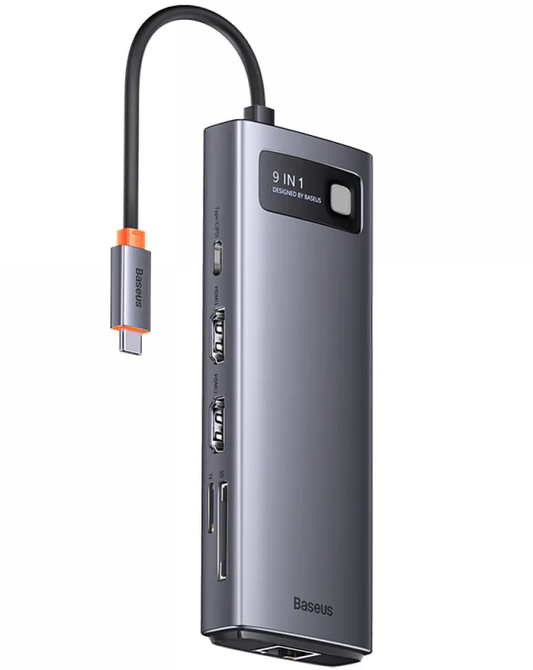 Hub USB-C Baseus Joystar, 2 x USB-A 3.2 - 1 x USB-A - 1 x USB-C - 2 x HDMI - 1 x RJ45 - 1 x SD - 1 x microSD, Cinzento WKWG060013