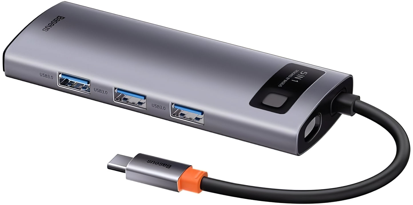 Concentrador USB-C Baseus Metal Gleam, 3 x USB-A - 1 x USB-C - 1 x HDMI, cinzento WKWG020013 