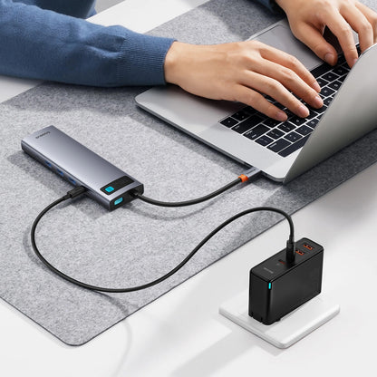 Concentrador USB-C Baseus Metal Gleam, 1 x USB-C - 3 x USB-A 3.0 - 1 x USB-A 3.0 - 1 x USB-A - 1 x HDMI - 1 x VGA - 1 x tomada de 3,5 mm - 1 x RJ45 - 1 x SD - 1 x microSD, Cinzento