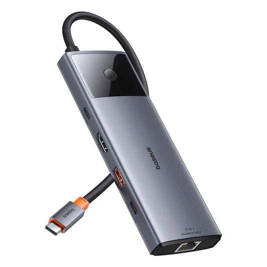 Concentrador USB-C Baseus Metal Gleam II, 2 x USB-C - 3 x USB-A - 1 x HDMI - 1 x tomada de 3,5 mm - 1 x RJ45 - 1 x SD - 1 x microSD, cinzento