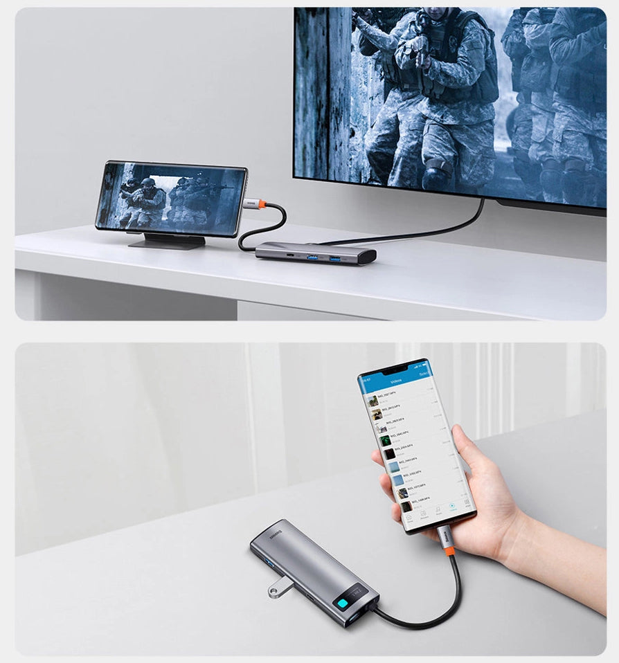 Hub USB-C Baseus Metal Gleam, 2 x USB-A 3.0 - 2 x USB-C - 1 x HDMI - 1 x SD - 1 x microSD, Cinzento WKWG020113