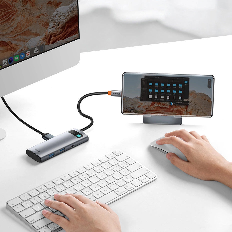 Hub USB-C Baseus Metal Gleam, 2 x USB-A 3.0 - 2 x USB-C - 1 x HDMI - 1 x SD - 1 x microSD, Cinzento WKWG020113