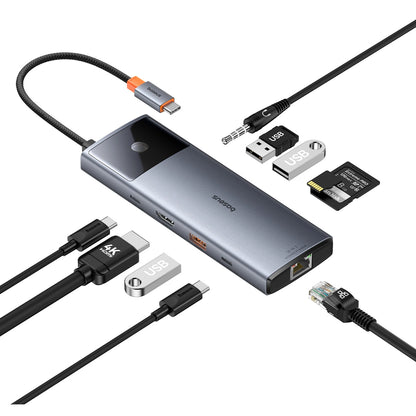 Concentrador USB-C Baseus Metal Gleam II, 2 x USB-C - 3 x USB-A - 1 x HDMI - 1 x tomada de 3,5 mm - 1 x RJ45 - 1 x SD - 1 x microSD, cinzento