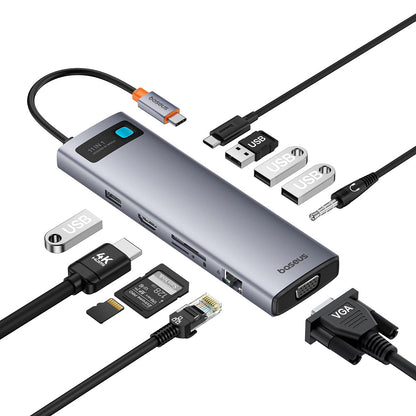 Concentrador USB-C Baseus Metal Gleam, 1 x USB-C - 3 x USB-A 3.0 - 1 x USB-A 3.0 - 1 x USB-A - 1 x HDMI - 1 x VGA - 1 x tomada de 3,5 mm - 1 x RJ45 - 1 x SD - 1 x microSD, Cinzento