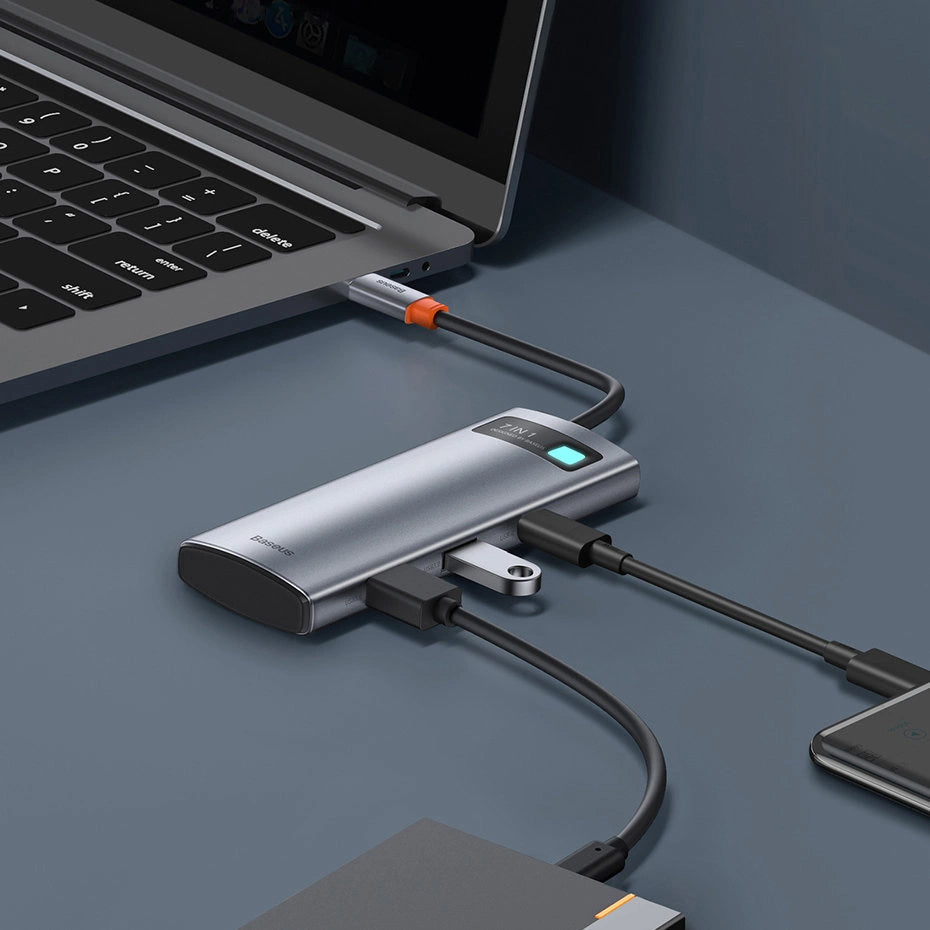 Hub USB-C Baseus Metal Gleam, 2 x USB-A 3.0 - 2 x USB-C - 1 x HDMI - 1 x SD - 1 x microSD, Cinzento WKWG020113