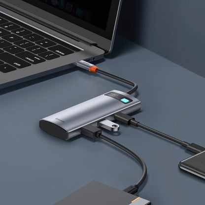 Hub USB-C Baseus Metal Gleam, 2 x USB-A 3.0 - 2 x USB-C - 1 x HDMI - 1 x SD - 1 x microSD, Cinzento WKWG020113