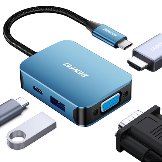 Hub USB-C Benfei, 1 x USB-A 3.0 - 1 x USB-C - 1 x HDMI - 1 x VGA, Azul