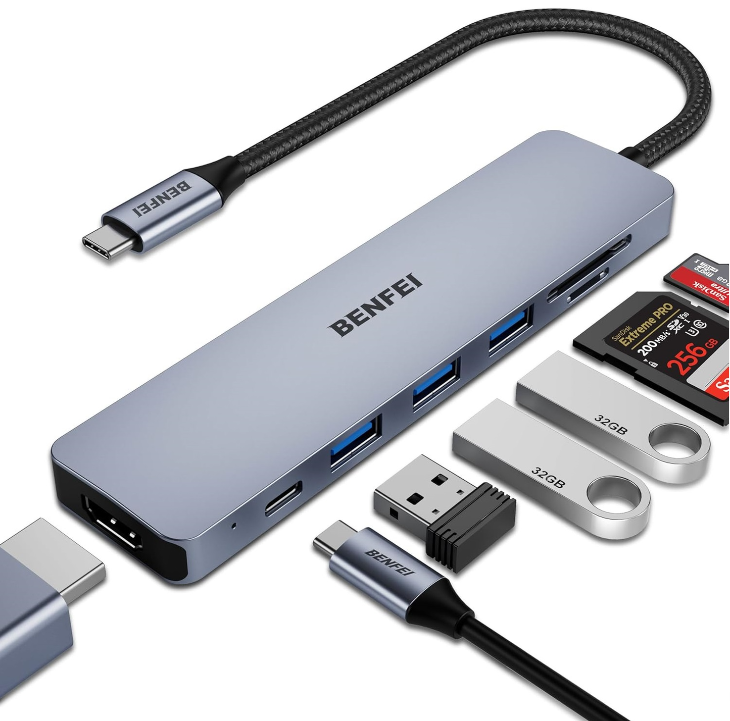 Hub USB-C Benfei, 3 x USB-A 3.0 - 1 x USB-C - 1 x HDMI - 1 x SD - 1 x microSD, Cinzento