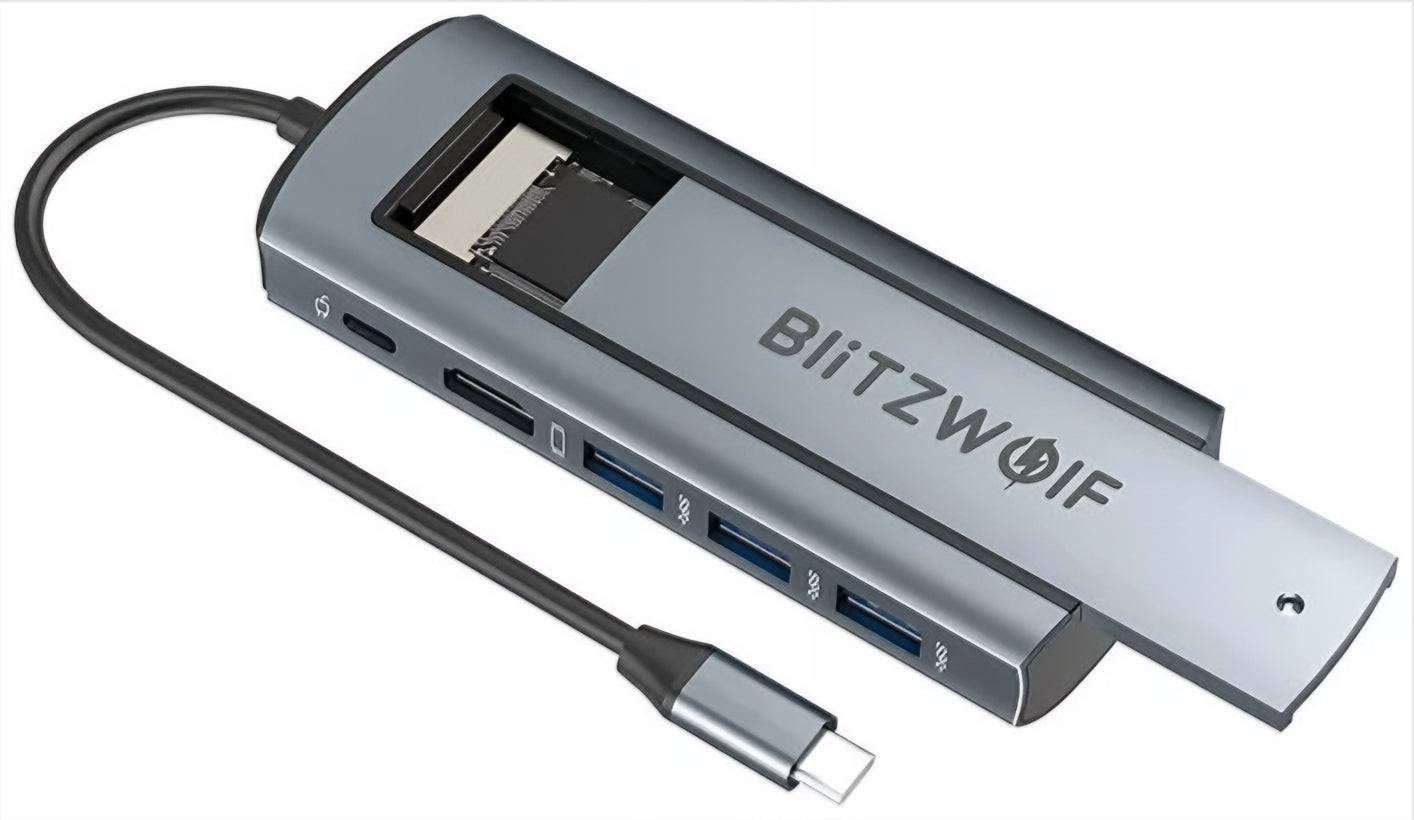 Hub USB-C BlitzWolf BW-Neo TH13, 3 x USB-A 3.0 - 1 x USB-C - 1 x Display Port - 1 x Interface SSD, Cinzento