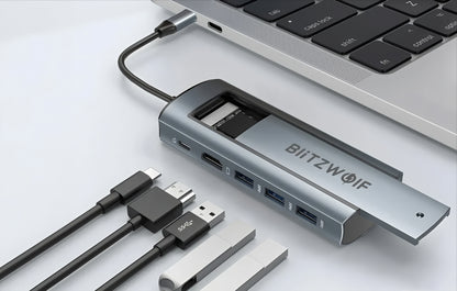 Hub USB-C BlitzWolf BW-Neo TH13, 3 x USB-A 3.0 - 1 x USB-C - 1 x Display Port - 1 x Interface SSD, Cinzento