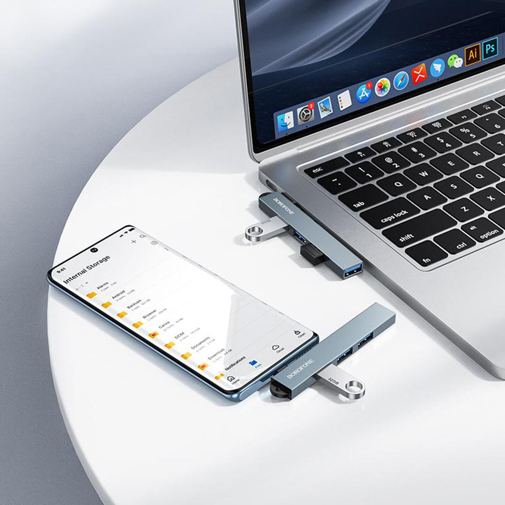 Hub USB-C Borofone FH1A, 4 em 1, Cinzento