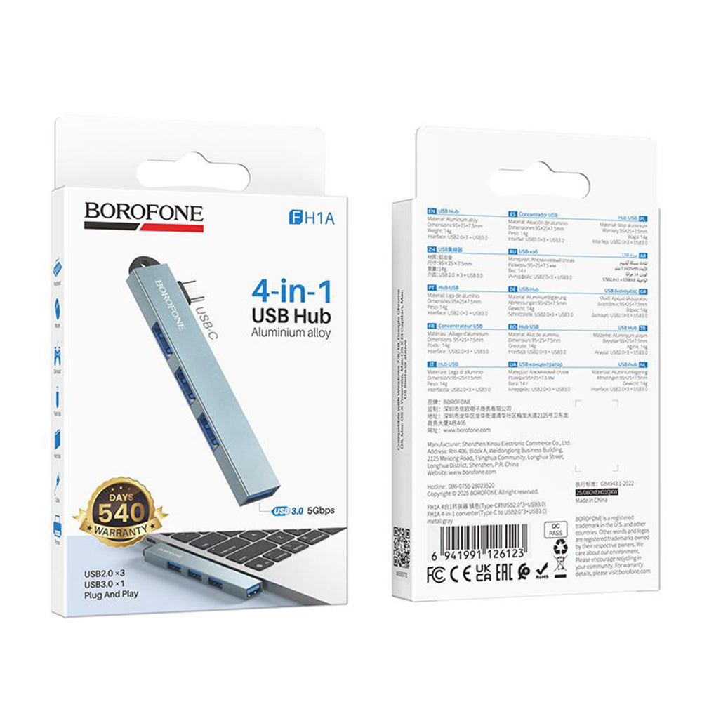 Hub USB-C Borofone FH1A, 4 em 1, Cinzento