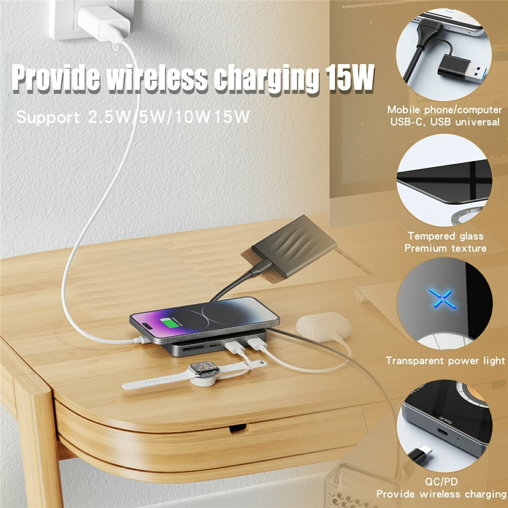 USB-C Hub with Wireless QI Charging OEM YC7209, 10in1, Gray