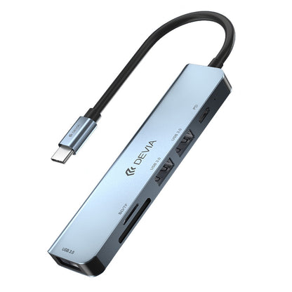 Hub USB-C DEVIA EC135, 3 x USB-A 3.0 - 1 x USB-C - 1 x SD - 1 x microSD, Cinzento