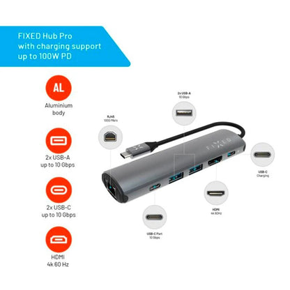 Hub USB-C Fixed Pro, 6 em 1, Cinzento