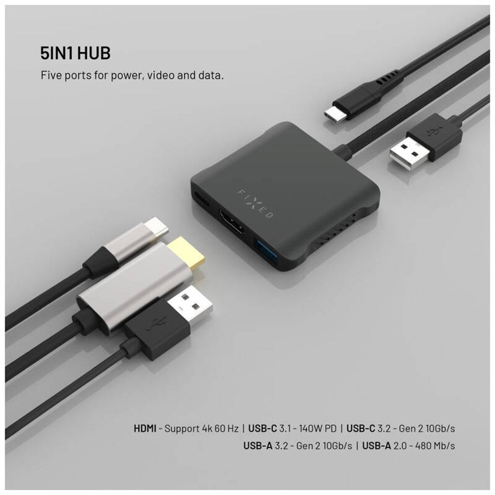 Hub USB-C Fixed Quadri, 5 em 1, Preto