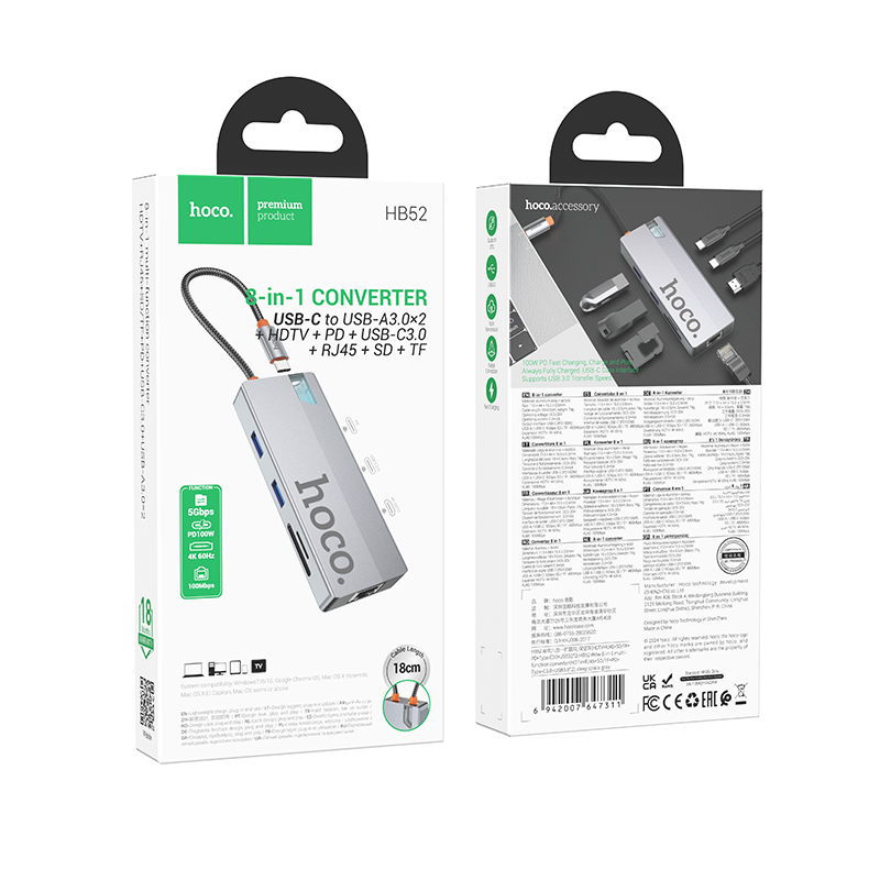 Hub USB-C HOCO HB52, 2 x USB-A 3.0 - 2 x USB-C - 1 x HDMI - 1 x RJ45 - 1 x SD - 1 x microSD, Cinzento