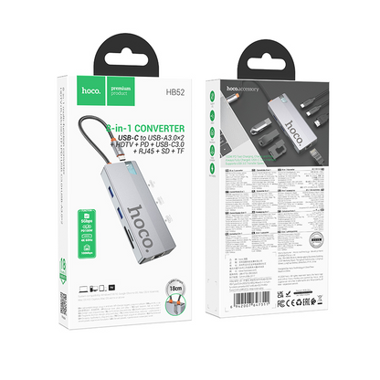 Hub USB-C HOCO HB52, 2 x USB-A 3.0 - 2 x USB-C - 1 x HDMI - 1 x RJ45 - 1 x SD - 1 x microSD, Cinzento