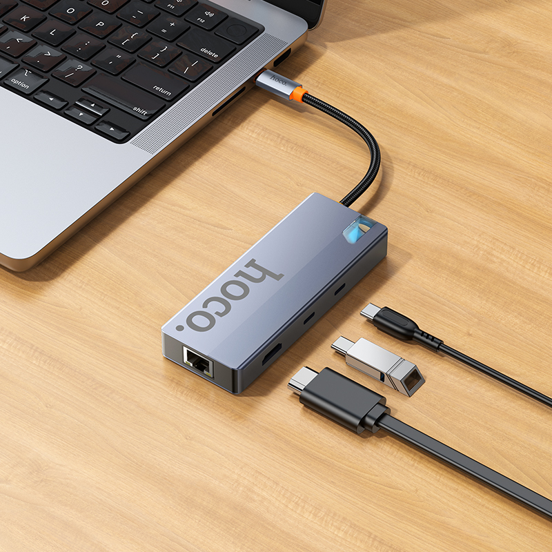 Hub USB-C HOCO HB52, 2 x USB-A 3.0 - 2 x USB-C - 1 x HDMI - 1 x RJ45 - 1 x SD - 1 x microSD, Cinzento