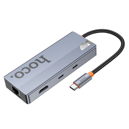 Hub USB-C HOCO HB52, 2 x USB-A 3.0 - 2 x USB-C - 1 x HDMI - 1 x RJ45 - 1 x SD - 1 x microSD, Cinzento