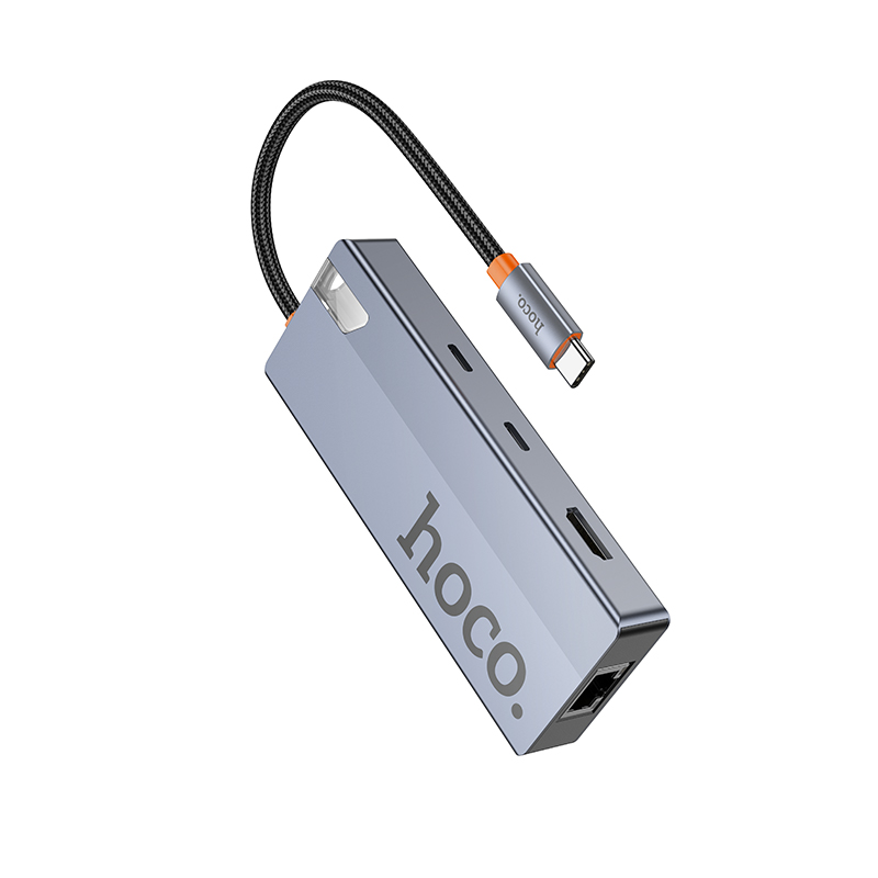 Hub USB-C HOCO HB52, 2 x USB-A 3.0 - 2 x USB-C - 1 x HDMI - 1 x RJ45 - 1 x SD - 1 x microSD, Cinzento