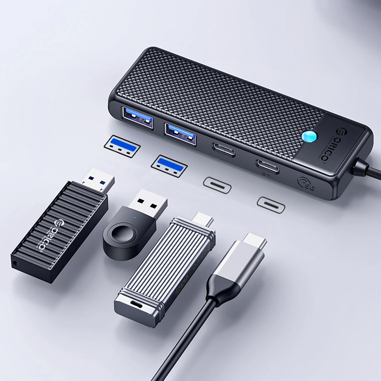 Hub USB-C Orico PAPW2AC-C3, 2 x USB-A 3.0 - 2 x USB-C, Preto