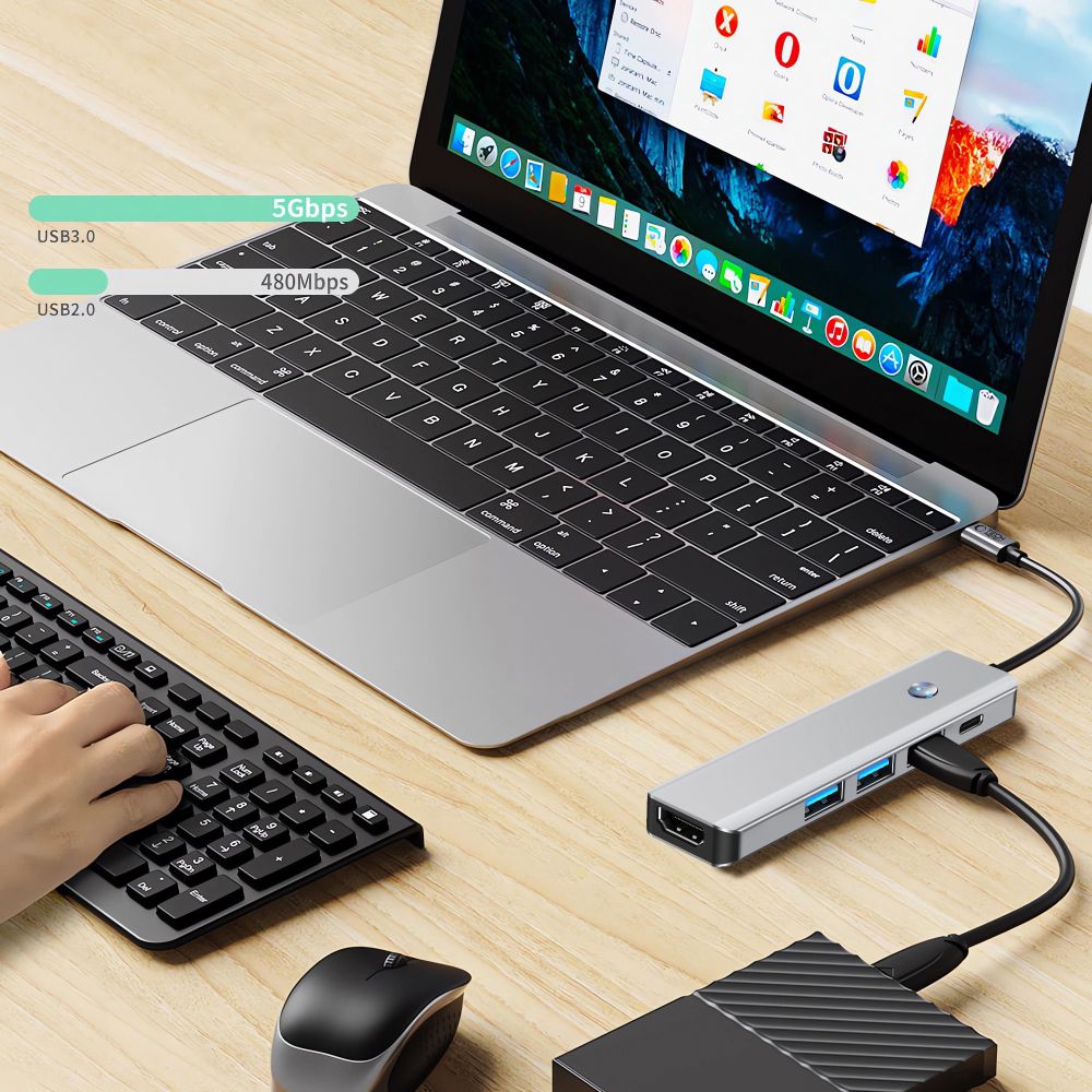 Hub USB-C Tech-Protect HB01, 1 x USB-A 3.0 - 2 x USB-A - 1 x USB-C - 1 x HDMI, Cinzento
