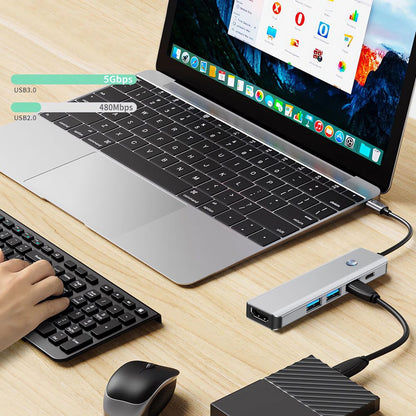 Hub USB-C Tech-Protect HB01, 1 x USB-A 3.0 - 2 x USB-A - 1 x USB-C - 1 x HDMI, Cinzento