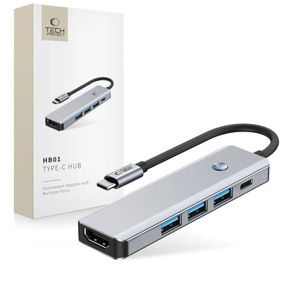 Hub USB-C Tech-Protect HB01, 1 x USB-A 3.0 - 2 x USB-A - 1 x USB-C - 1 x HDMI, Cinzento