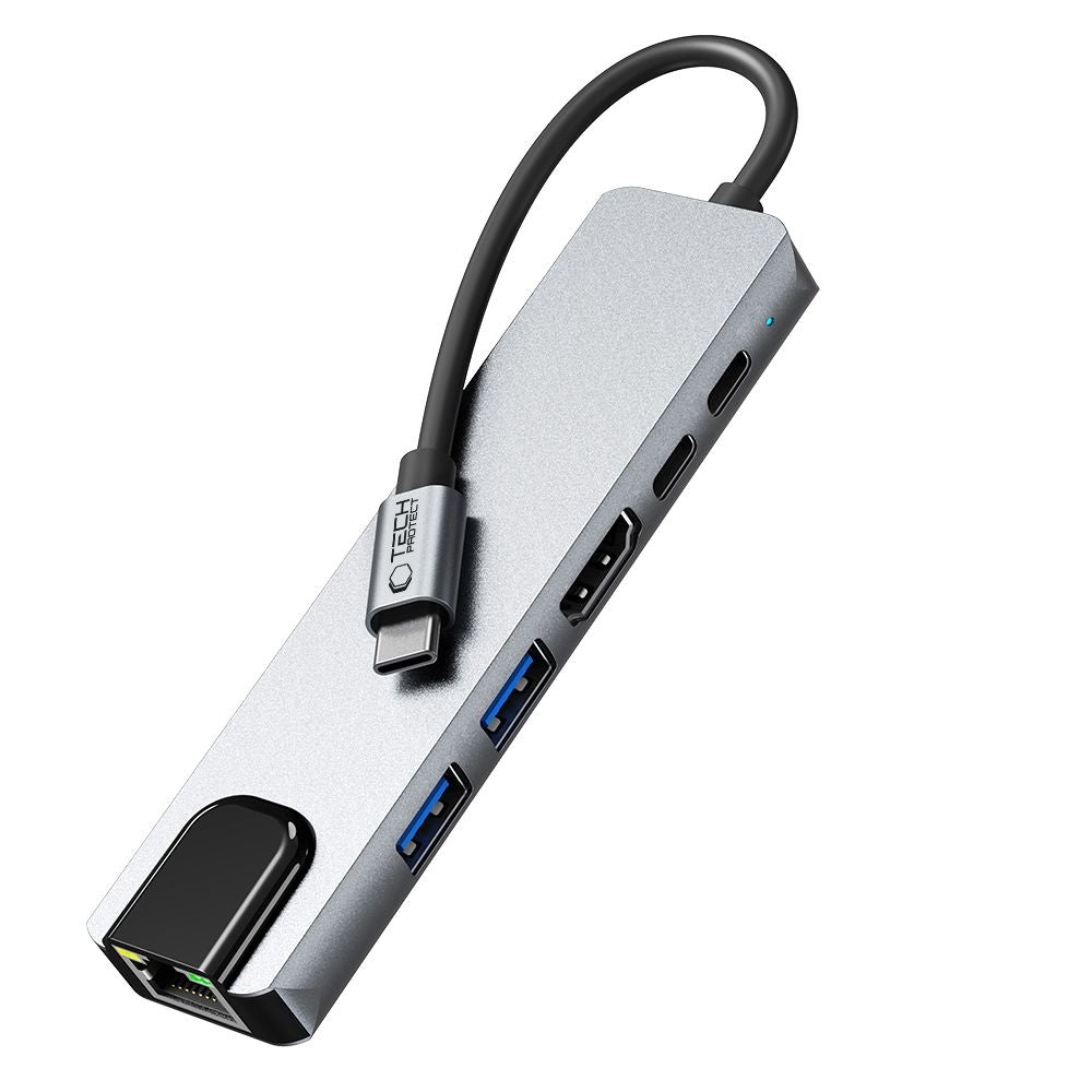 Hub USB-C Tech-Protect HB02, 1 x USB-A 3.0 - 1 x USB-A - 2 x USB-C - 1 x HDMI - 1 x RJ45, Cinzento