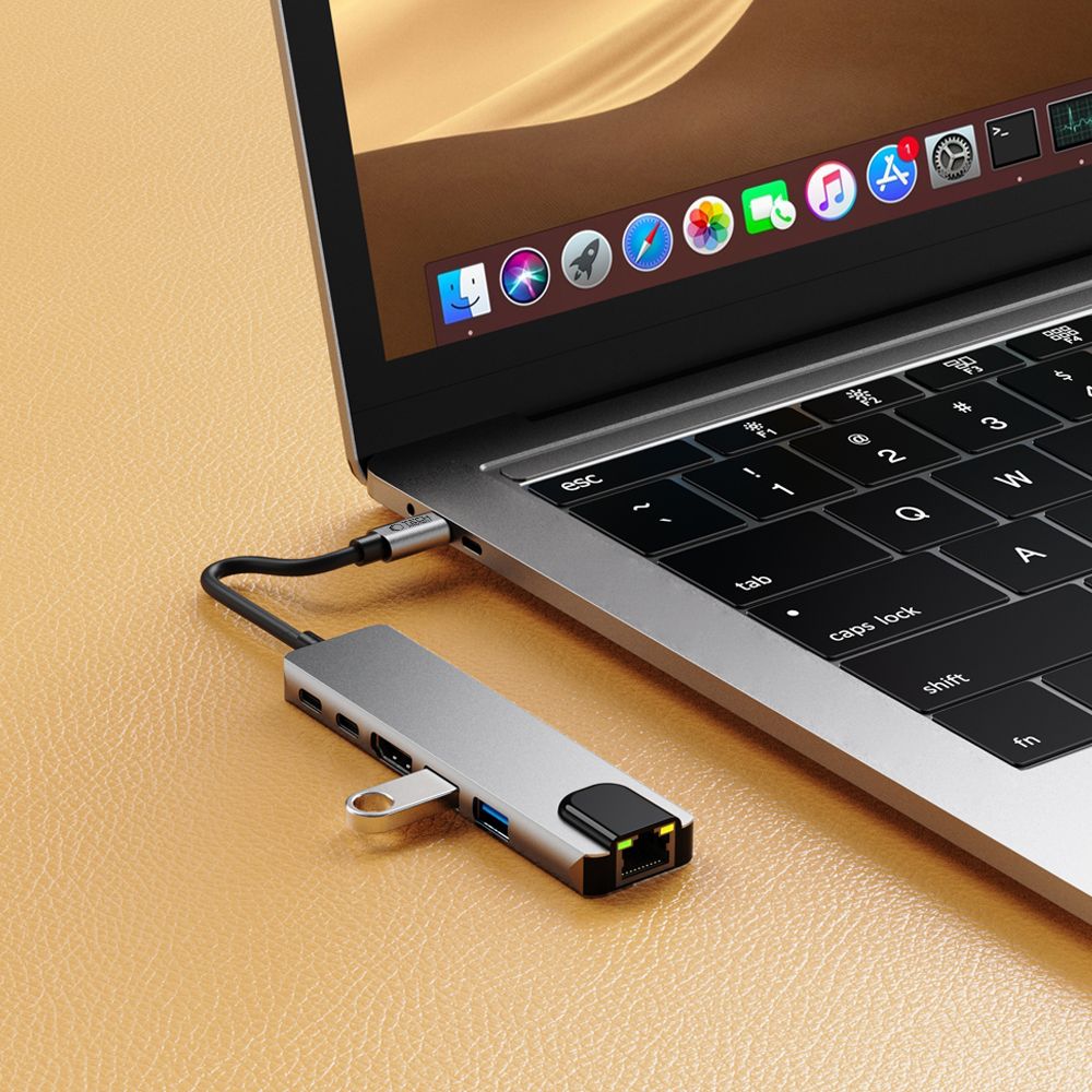Hub USB-C Tech-Protect HB02, 1 x USB-A 3.0 - 1 x USB-A - 2 x USB-C - 1 x HDMI - 1 x RJ45, Cinzento