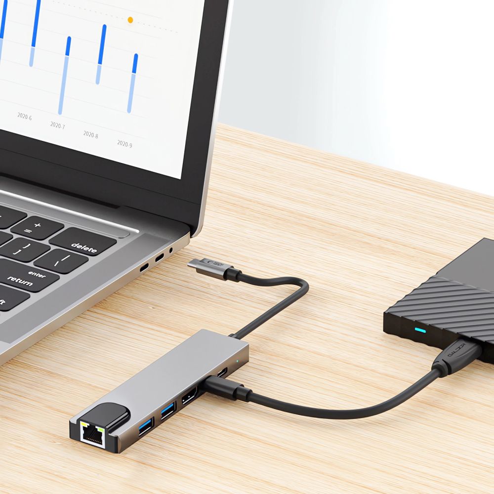 Hub USB-C Tech-Protect HB02, 1 x USB-A 3.0 - 1 x USB-A - 2 x USB-C - 1 x HDMI - 1 x RJ45, Cinzento