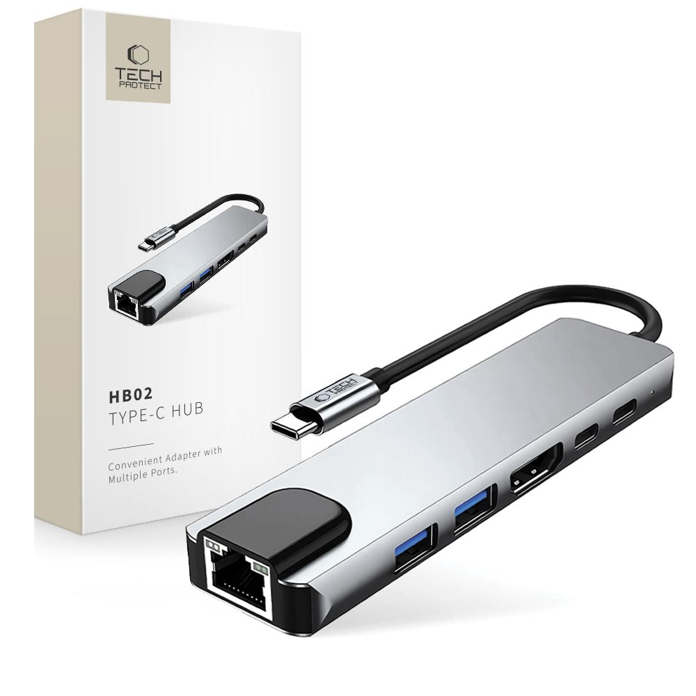 Hub USB-C Tech-Protect HB02, 1 x USB-A 3.0 - 1 x USB-A - 2 x USB-C - 1 x HDMI - 1 x RJ45, Cinzento