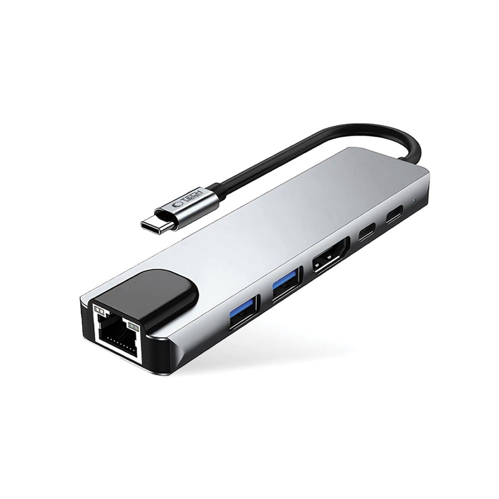 Hub USB-C Tech-Protect HB02, 1 x USB-A 3.0 - 1 x USB-A - 2 x USB-C - 1 x HDMI - 1 x RJ45, Cinzento