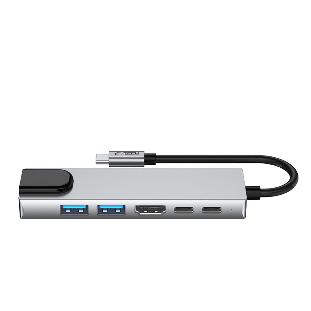 Hub USB-C Tech-Protect HB02, 1 x USB-A 3.0 - 1 x USB-A - 2 x USB-C - 1 x HDMI - 1 x RJ45, Cinzento