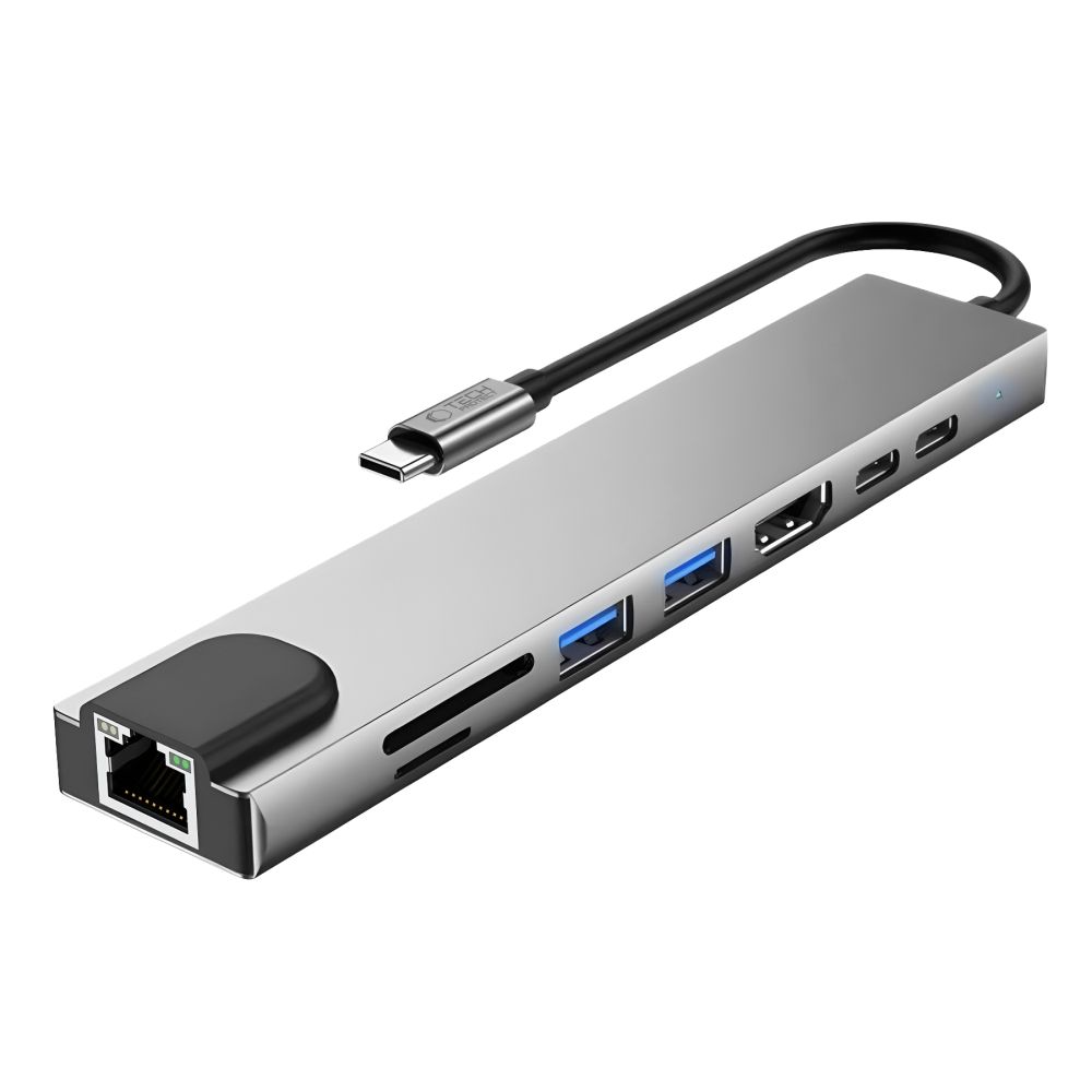 Hub USB-C Tech-Protect HB09, 2 x USB-A 3.0 - 2 x USB-C - 1 x HDMI - 1 x RJ45 - 1 x SD - 1 x microSD, Cinzento