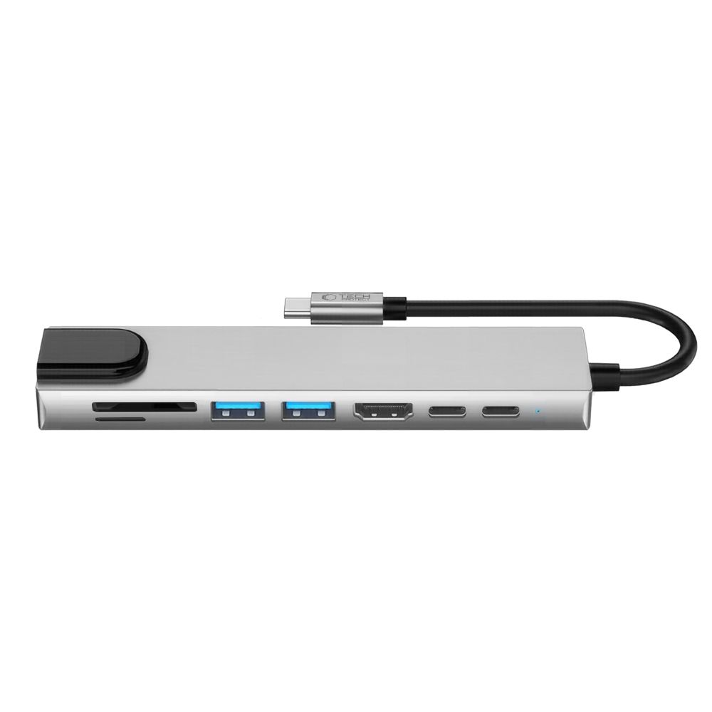 Hub USB-C Tech-Protect HB09, 2 x USB-A 3.0 - 2 x USB-C - 1 x HDMI - 1 x RJ45 - 1 x SD - 1 x microSD, Cinzento