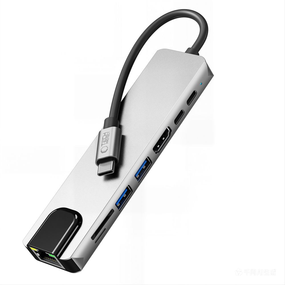 Hub USB-C Tech-Protect HB09, 2 x USB-A 3.0 - 2 x USB-C - 1 x HDMI - 1 x RJ45 - 1 x SD - 1 x microSD, Cinzento