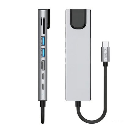 Hub USB-C Tech-Protect HB09, 2 x USB-A 3.0 - 2 x USB-C - 1 x HDMI - 1 x RJ45 - 1 x SD - 1 x microSD, Cinzento