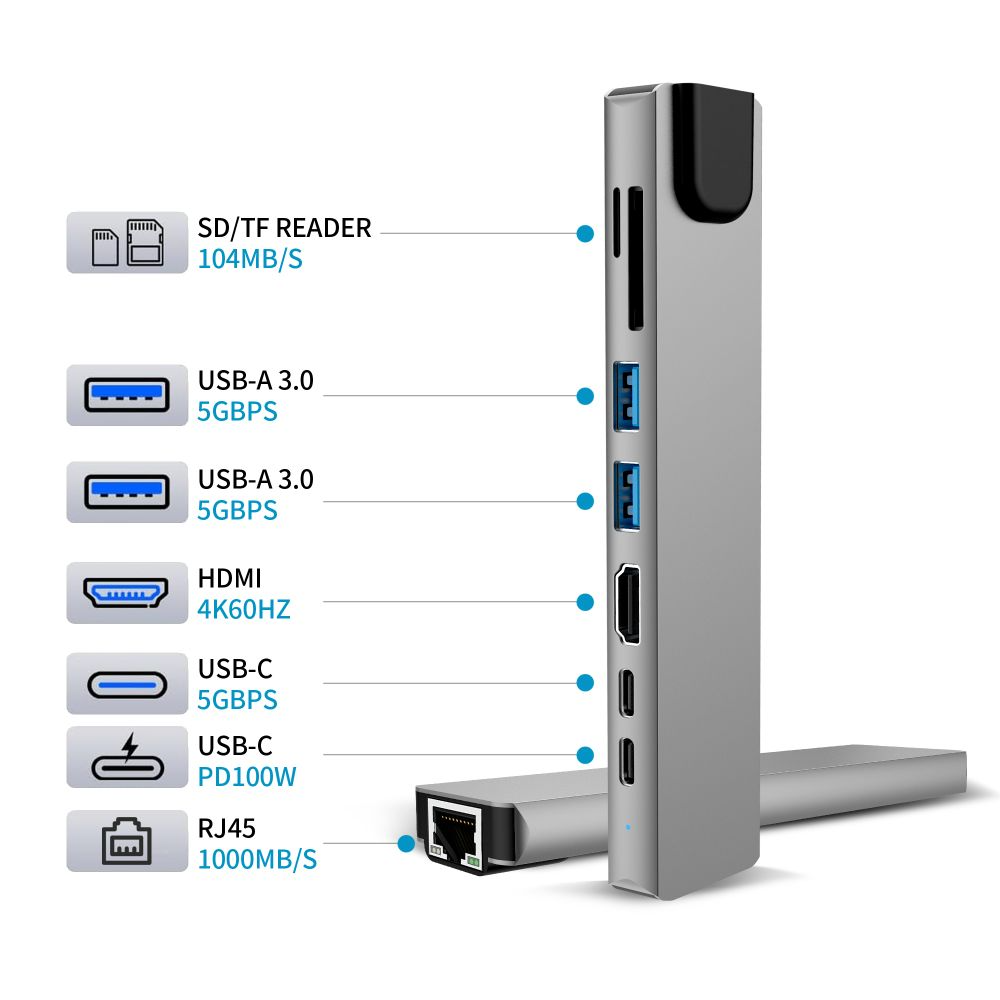 Hub USB-C Tech-Protect HB09, 2 x USB-A 3.0 - 2 x USB-C - 1 x HDMI - 1 x RJ45 - 1 x SD - 1 x microSD, Cinzento